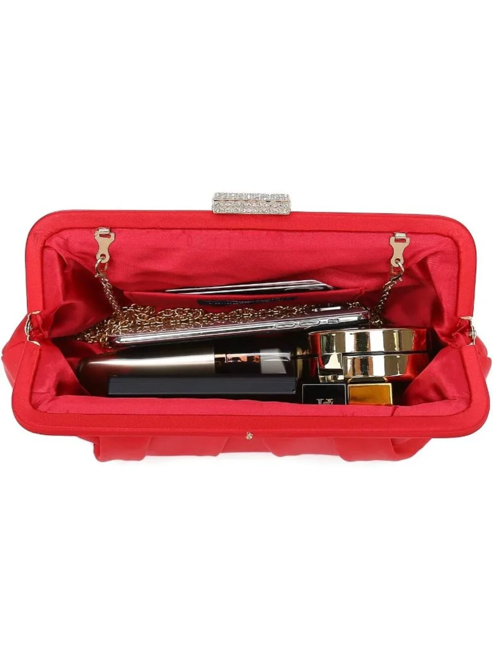 👜 Women's Red Classic Pleated Satin Clutch Bag Diamante Embellished Clutch